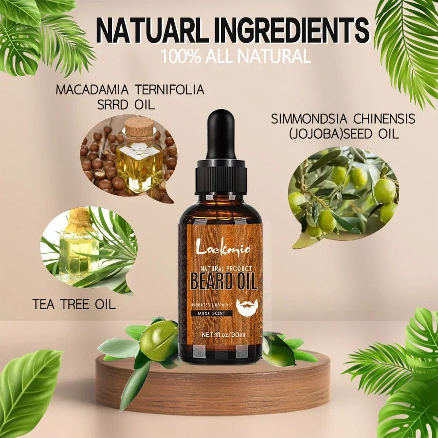 Bottle of Lockemio beard oil with natural ingredients displayed on a beige background with green leaves.