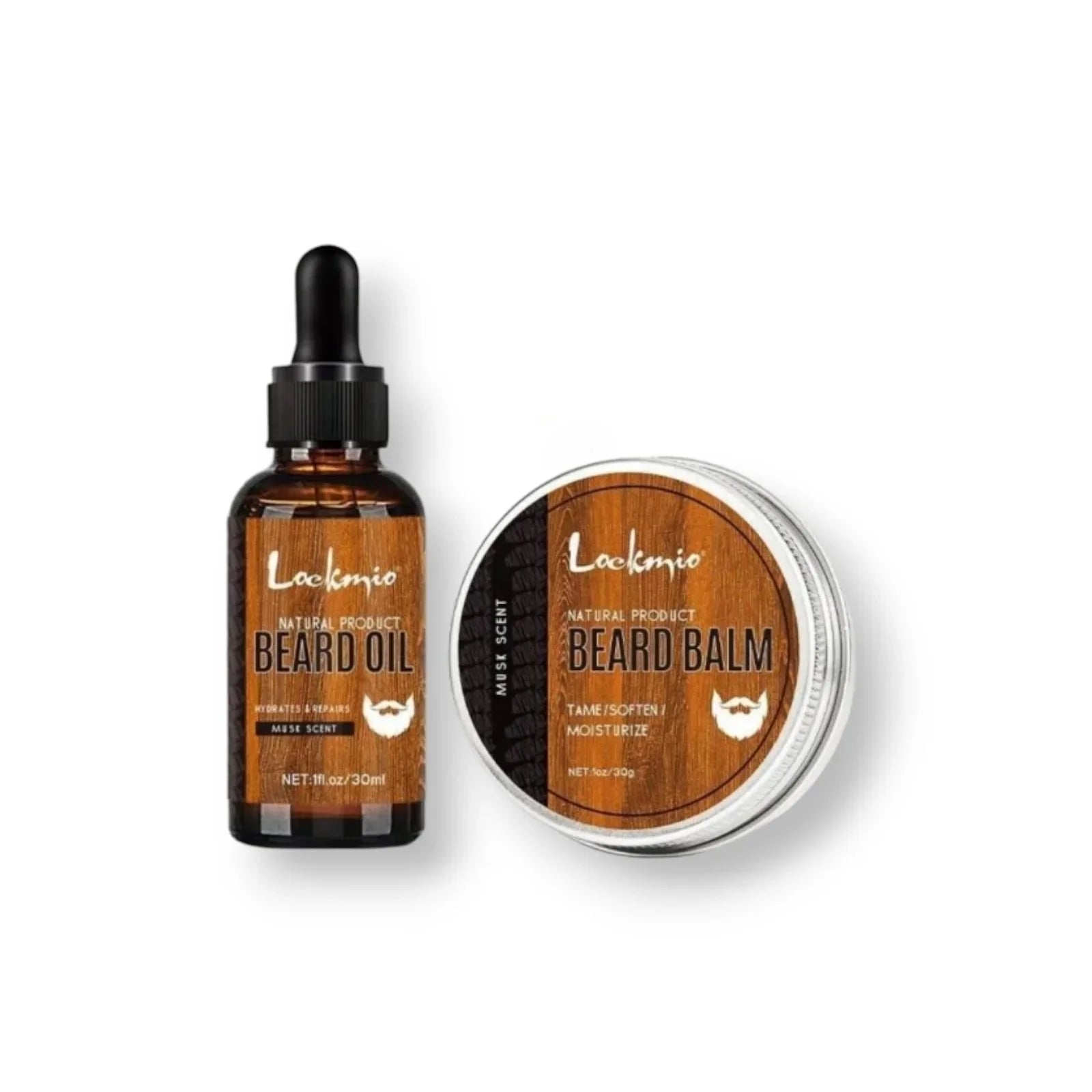 Locknlo beard oil bottle and balm container on a white background