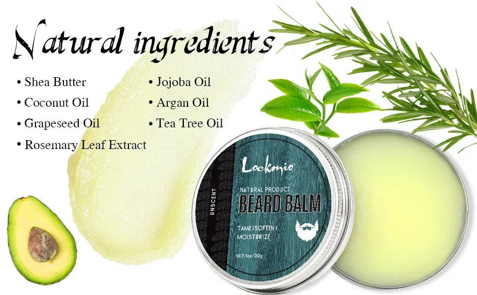 Beard balm with natural ingredients listed on a white background